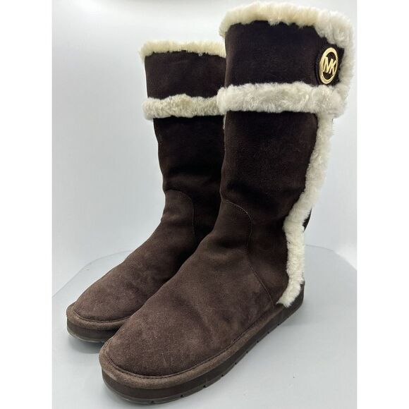 MICHAEL KORS Winter Tall Dark Caramel Suede Leather Fur Lined Boots Size 10M - Picture 1 of 6